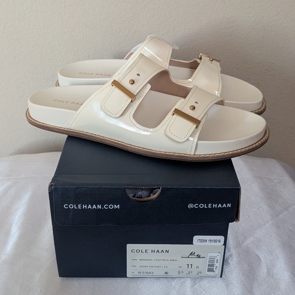 New Cole Haan Women's Marisol Footbed Sandals‎ Ivory Patent Size 11